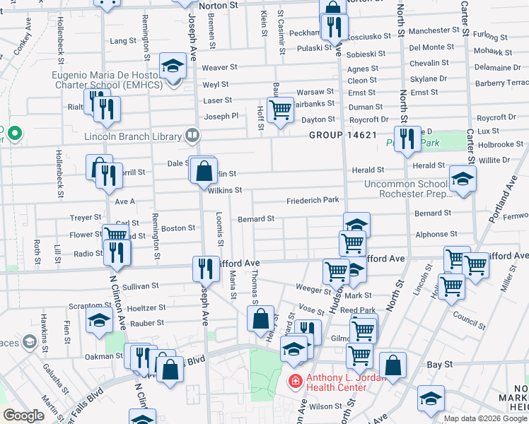 map of restaurants, bars, coffee shops, grocery stores, and more near 72 Bernard Street in Rochester