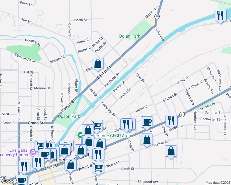 map of restaurants, bars, coffee shops, grocery stores, and more near 319 Market Street in Lockport
