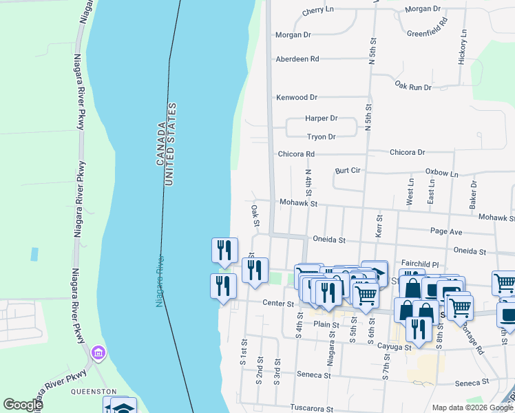map of restaurants, bars, coffee shops, grocery stores, and more near 370 Oak Street in Lewiston