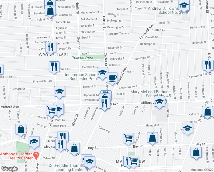 map of restaurants, bars, coffee shops, grocery stores, and more near Carter Street & Bernard Street in Rochester