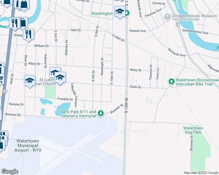 map of restaurants, bars, coffee shops, grocery stores, and more near 1500 South 10th Street in Watertown