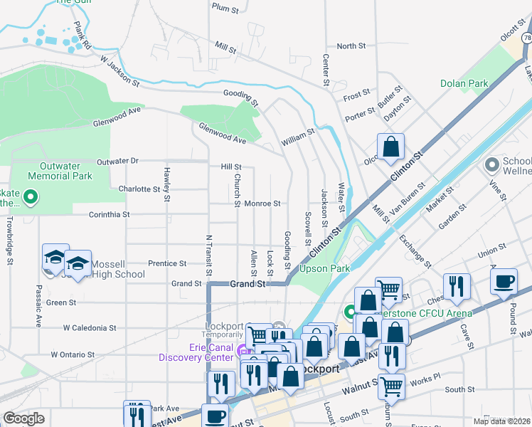 map of restaurants, bars, coffee shops, grocery stores, and more near 225 Lock Street in Lockport