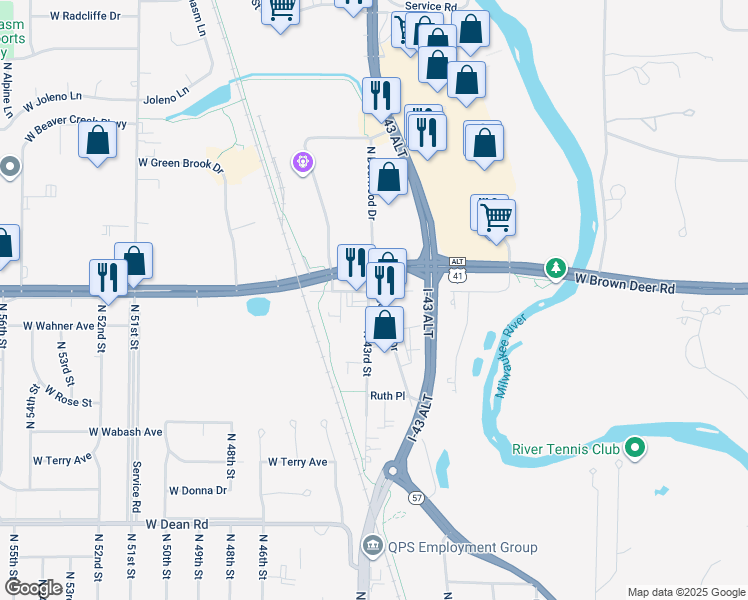 map of restaurants, bars, coffee shops, grocery stores, and more near 8777 North Deerwood Drive in Brown Deer