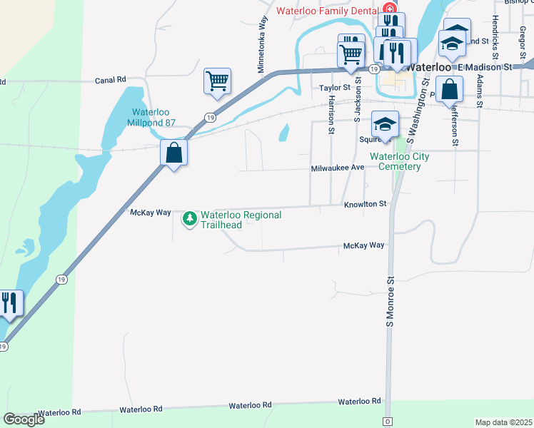 map of restaurants, bars, coffee shops, grocery stores, and more near 606 Knowlton Street in Waterloo