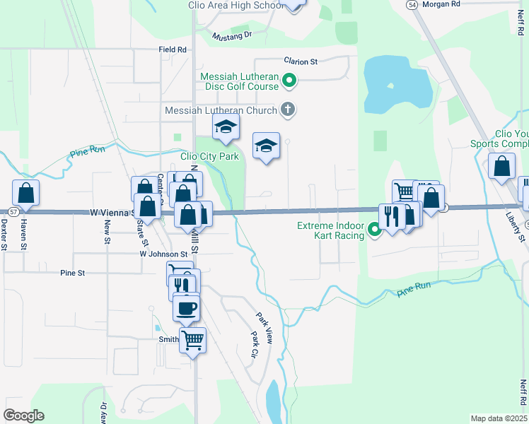 map of restaurants, bars, coffee shops, grocery stores, and more near 300 West Vienna Road in Clio