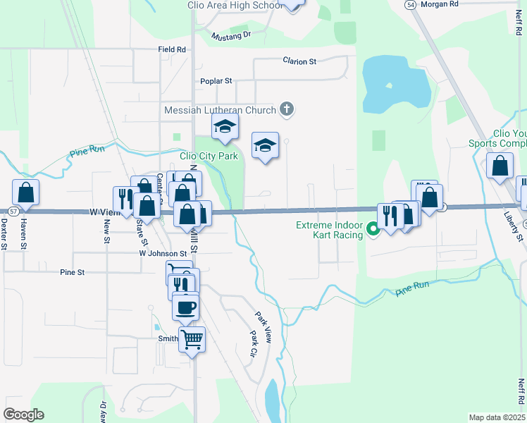 map of restaurants, bars, coffee shops, grocery stores, and more near 300 West Vienna Road in Clio