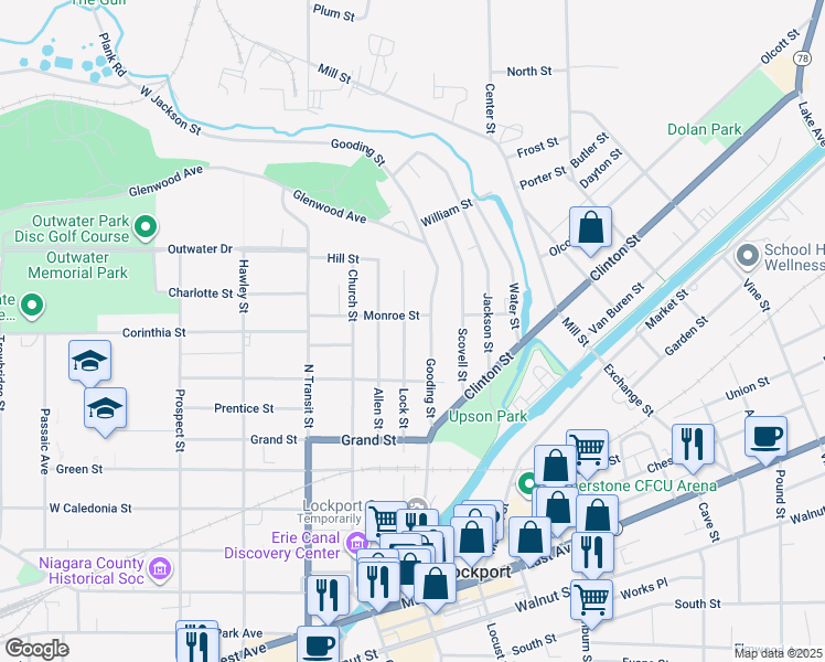 map of restaurants, bars, coffee shops, grocery stores, and more near 225 Lock Street in Lockport