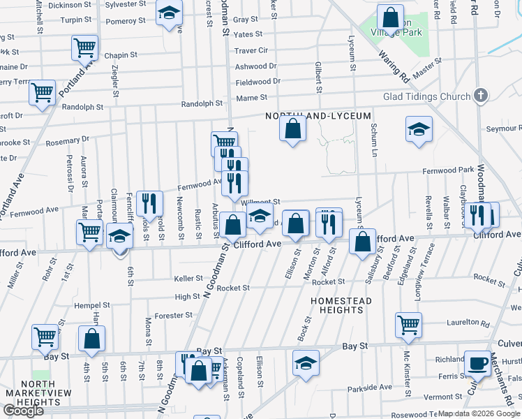 map of restaurants, bars, coffee shops, grocery stores, and more near 55 Willmont St in Rochester