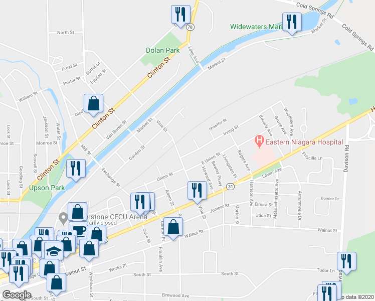 map of restaurants, bars, coffee shops, grocery stores, and more near 17 Irving Street in Lockport