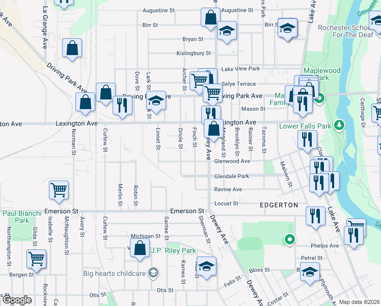 map of restaurants, bars, coffee shops, grocery stores, and more near 76 Oriole Street in Rochester