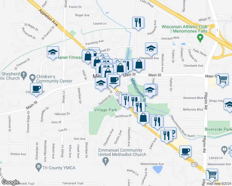 map of restaurants, bars, coffee shops, grocery stores, and more near N87W16599 Appleton Avenue in Menomonee Falls