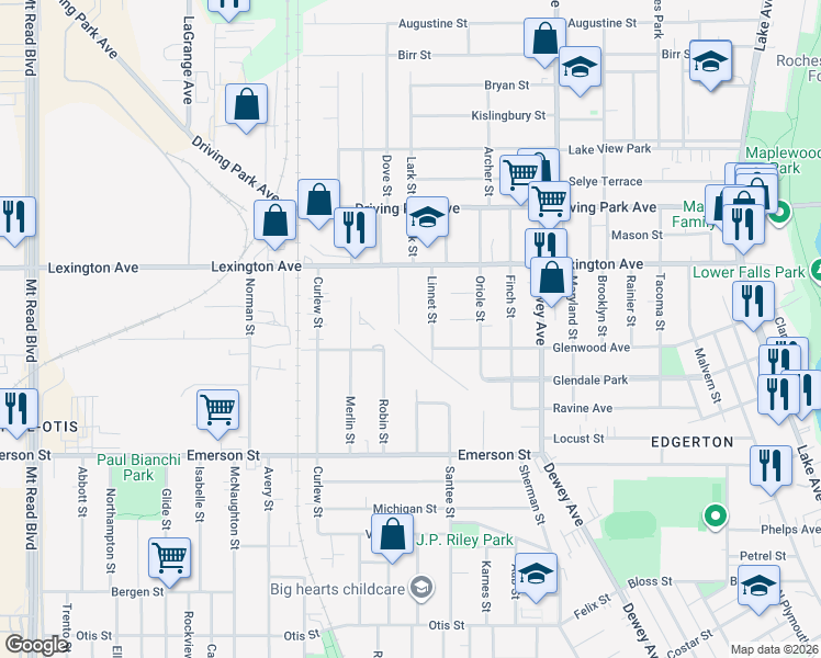 map of restaurants, bars, coffee shops, grocery stores, and more near 78 Starling Street in Rochester