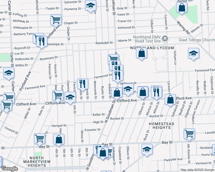 map of restaurants, bars, coffee shops, grocery stores, and more near 75 Arbutus Street in Rochester