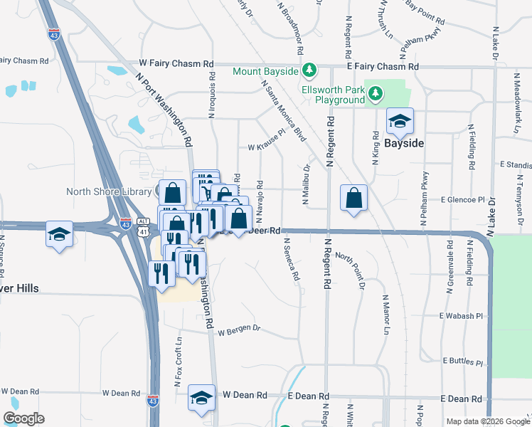 map of restaurants, bars, coffee shops, grocery stores, and more near 8828 North Navajo Road in Bayside