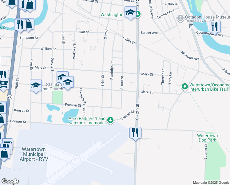map of restaurants, bars, coffee shops, grocery stores, and more near 1500 South 10th Street in Watertown