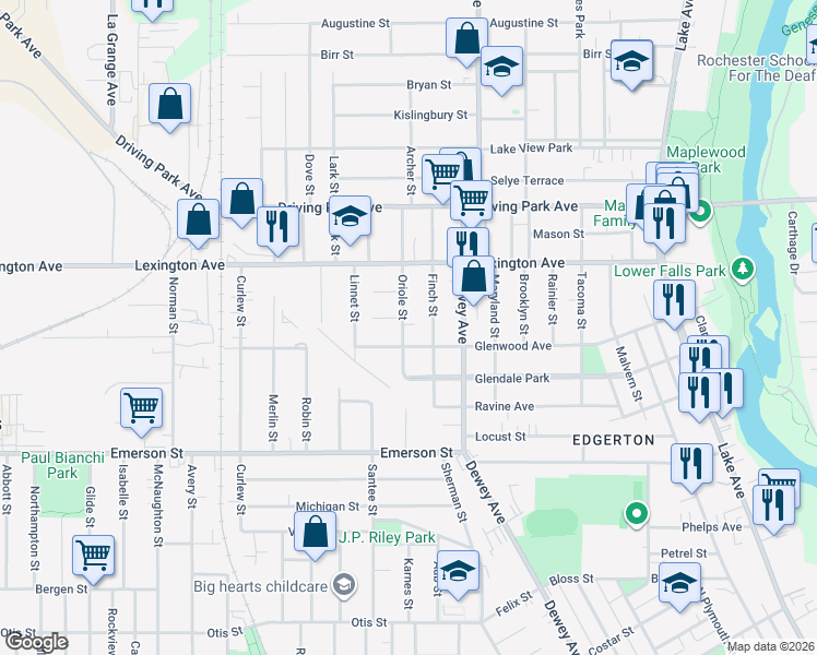 map of restaurants, bars, coffee shops, grocery stores, and more near 76 Oriole Street in Rochester