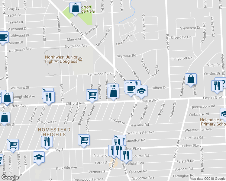 map of restaurants, bars, coffee shops, grocery stores, and more near 53 Woodman Park in Rochester