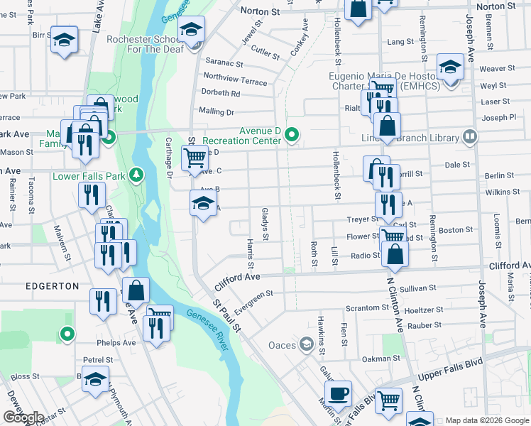 map of restaurants, bars, coffee shops, grocery stores, and more near 24 Gladys Street in Rochester