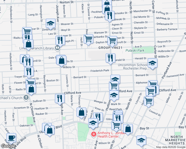 map of restaurants, bars, coffee shops, grocery stores, and more near 126 Bernard Street in Rochester