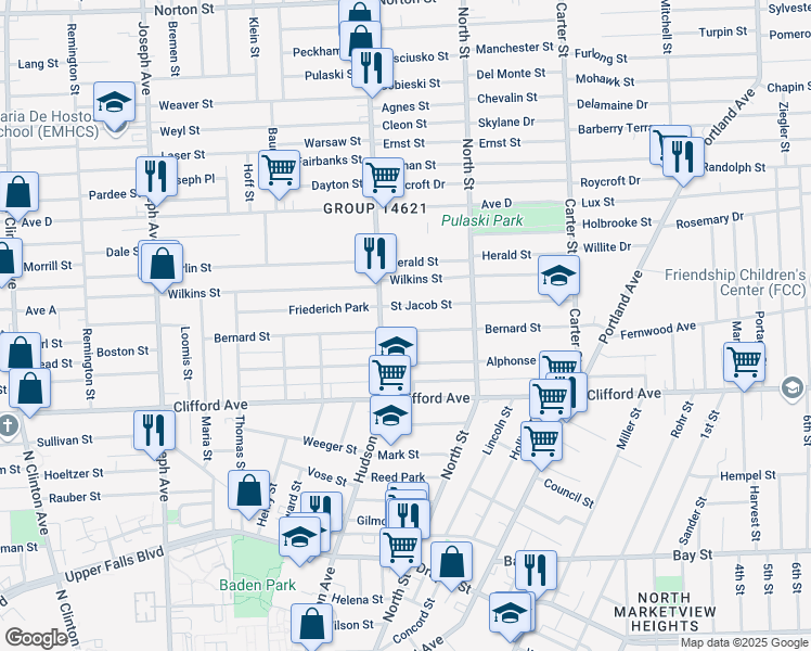 map of restaurants, bars, coffee shops, grocery stores, and more near 286 Bernard Street in Rochester