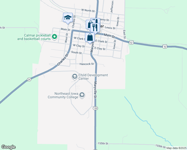 map of restaurants, bars, coffee shops, grocery stores, and more near 505 Maryville Street in Calmar