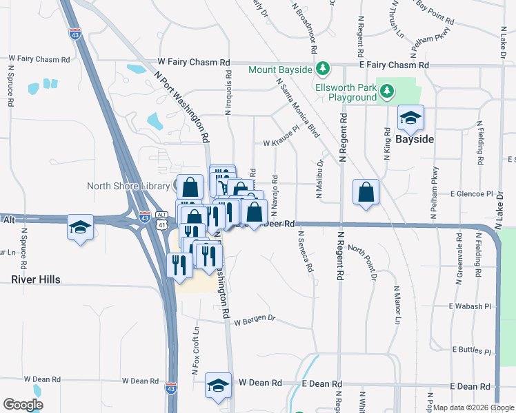 map of restaurants, bars, coffee shops, grocery stores, and more near 8828 North Mohawk Road in Bayside