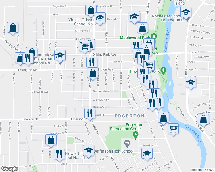 map of restaurants, bars, coffee shops, grocery stores, and more near 6 Brooklyn Street in Rochester