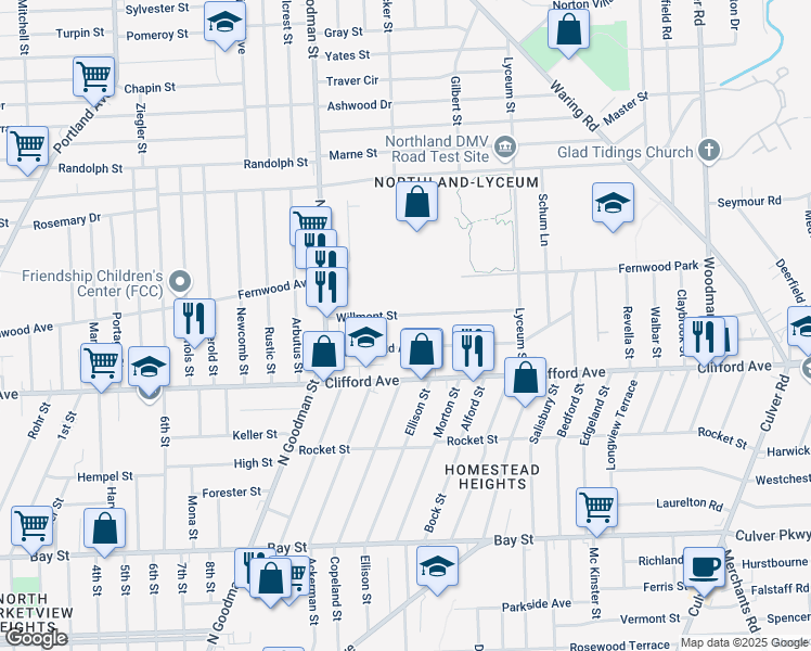 map of restaurants, bars, coffee shops, grocery stores, and more near 109 Willmont St in Rochester