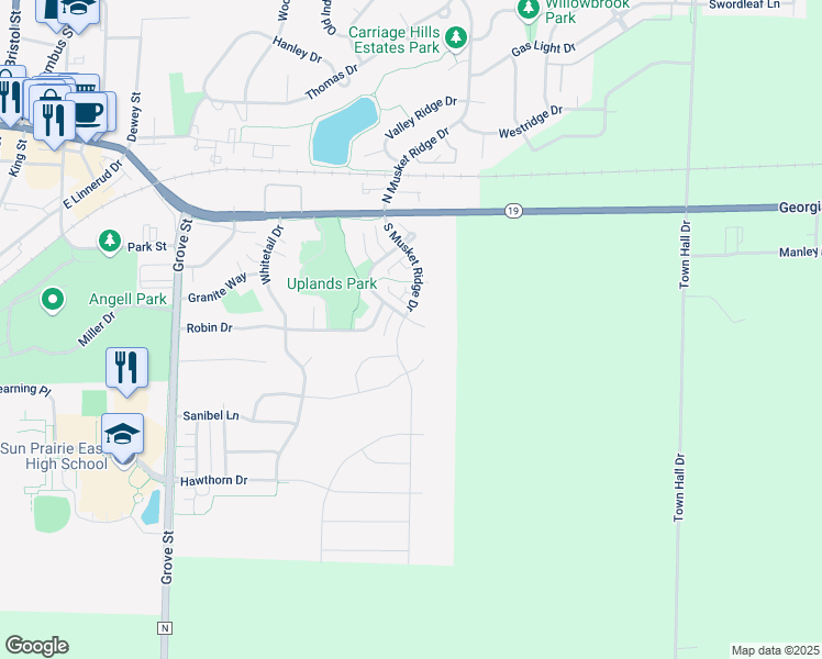 map of restaurants, bars, coffee shops, grocery stores, and more near 303 Sweet Grass Dr in Sun Prairie