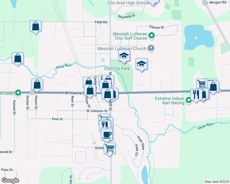 map of restaurants, bars, coffee shops, grocery stores, and more near 107 East Vienna Street in Clio