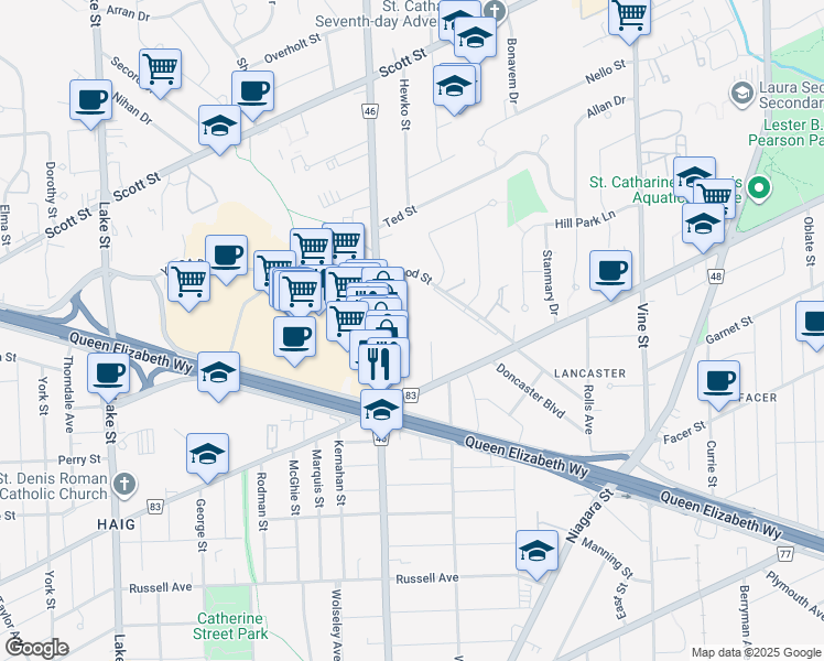 map of restaurants, bars, coffee shops, grocery stores, and more near 20 Grote Street in Saint Catharines