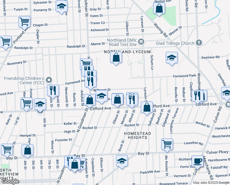 map of restaurants, bars, coffee shops, grocery stores, and more near 109 Willmont Street in Rochester