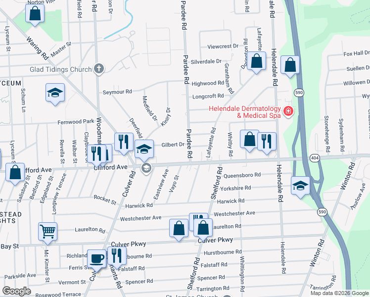 map of restaurants, bars, coffee shops, grocery stores, and more near 135 Gilbert Drive in Rochester