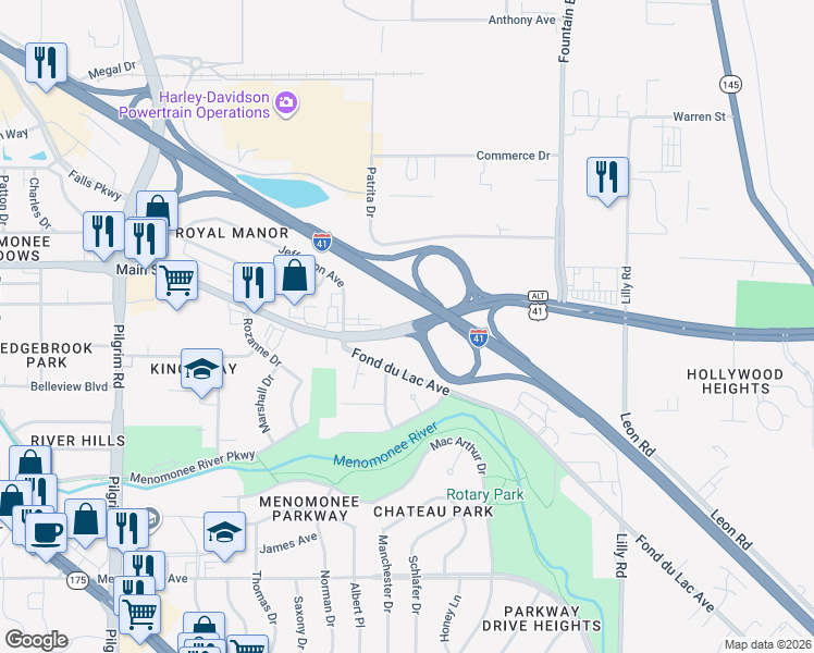 map of restaurants, bars, coffee shops, grocery stores, and more near 7 Main Street in Menomonee Falls