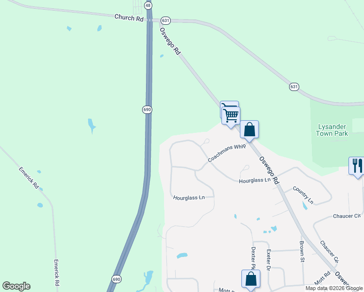 map of restaurants, bars, coffee shops, grocery stores, and more near 375 Hourglass Lane in Baldwinsville