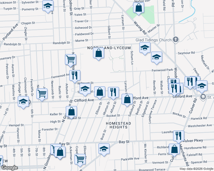 map of restaurants, bars, coffee shops, grocery stores, and more near 161 Willmont Street in Rochester