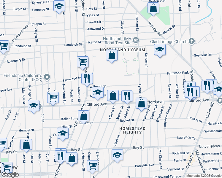 map of restaurants, bars, coffee shops, grocery stores, and more near 109 Willmont Street in Rochester