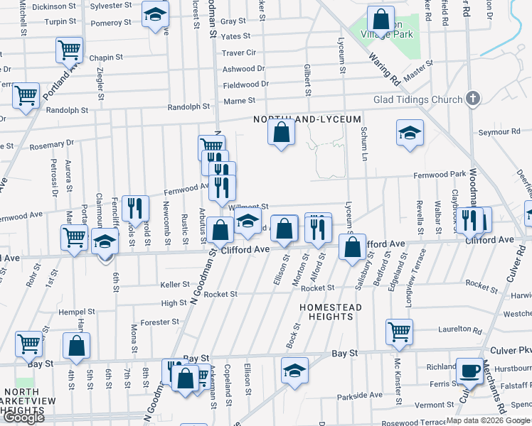 map of restaurants, bars, coffee shops, grocery stores, and more near 109 Willmont Street in Rochester