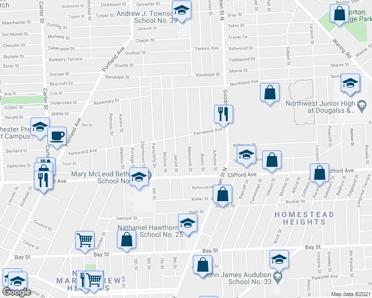 map of restaurants, bars, coffee shops, grocery stores, and more near 84 Jerold Street in Rochester