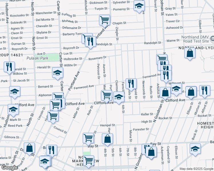 map of restaurants, bars, coffee shops, grocery stores, and more near in Rochester