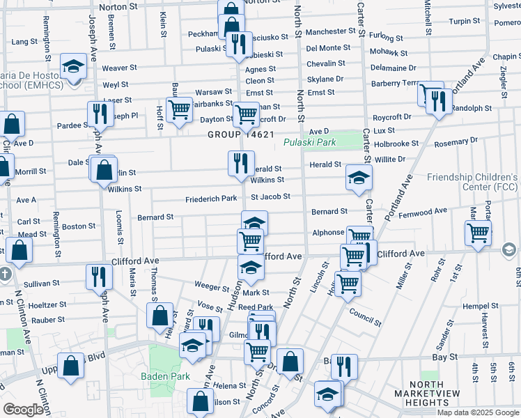 map of restaurants, bars, coffee shops, grocery stores, and more near 286 Bernard Street in Rochester