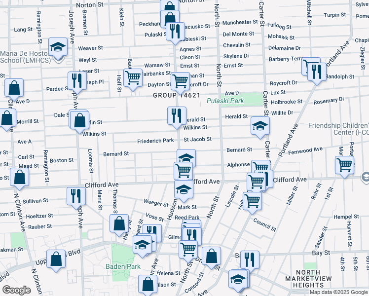 map of restaurants, bars, coffee shops, grocery stores, and more near 286 Bernard Street in Rochester