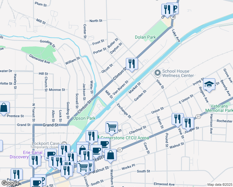 map of restaurants, bars, coffee shops, grocery stores, and more near 22 Van Buren Street in Lockport