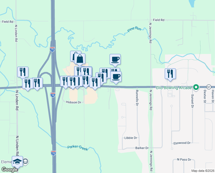 map of restaurants, bars, coffee shops, grocery stores, and more near 4153 Nichols Drive in Clio