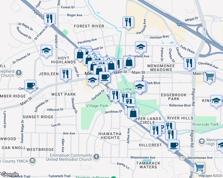 map of restaurants, bars, coffee shops, grocery stores, and more near N87W16599 Appleton Avenue in Menomonee Falls