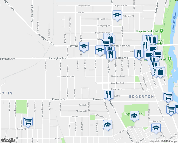 map of restaurants, bars, coffee shops, grocery stores, and more near 39 Admiral Park in Rochester