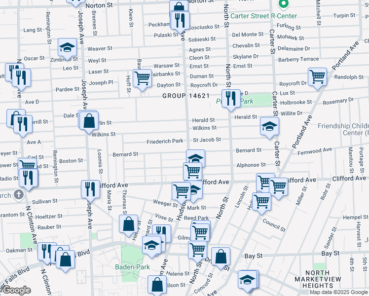 map of restaurants, bars, coffee shops, grocery stores, and more near 709 Hudson Avenue in Rochester