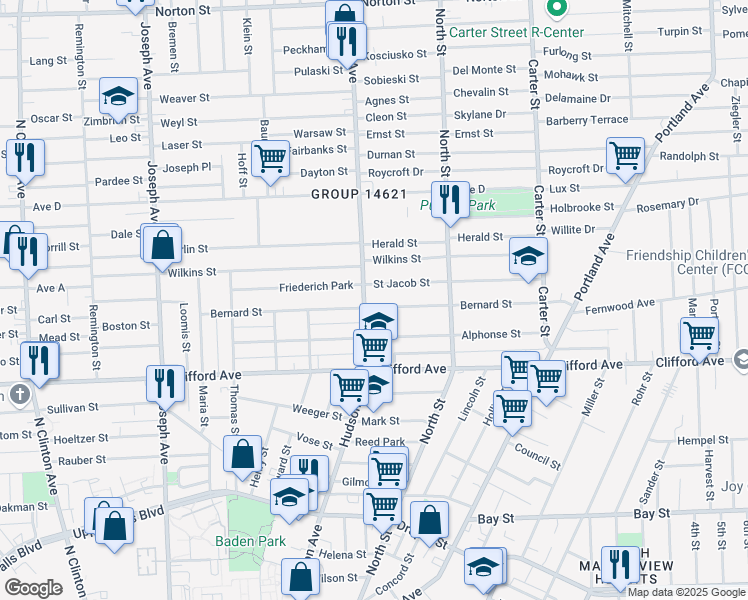 map of restaurants, bars, coffee shops, grocery stores, and more near 704 Hudson Avenue in Rochester