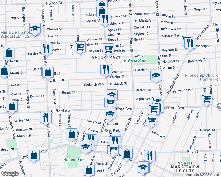 map of restaurants, bars, coffee shops, grocery stores, and more near 704 Hudson Avenue in Rochester