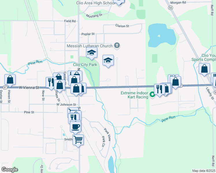 map of restaurants, bars, coffee shops, grocery stores, and more near 300 Upland Drive in Clio
